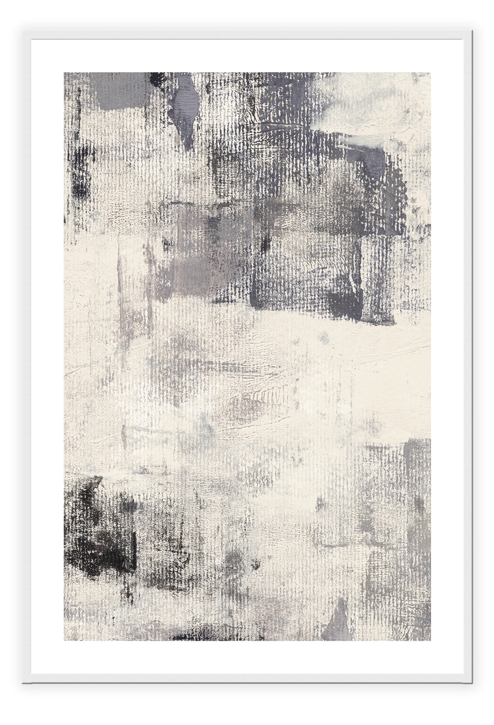 Textured abstract art print with scattered grey and black brushstrokes on an off-white background.