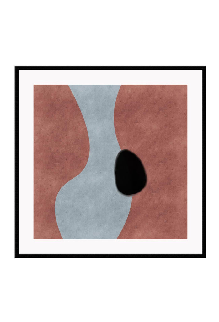 Abstract minimal style square print with a small black round shape on a wavy pink and grey background.