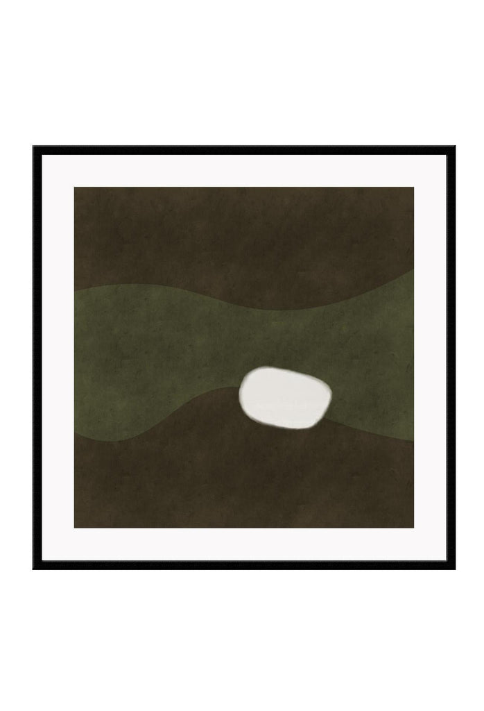 Abstract minimal style square print with a small white round shape on a wavy dark and light green background.