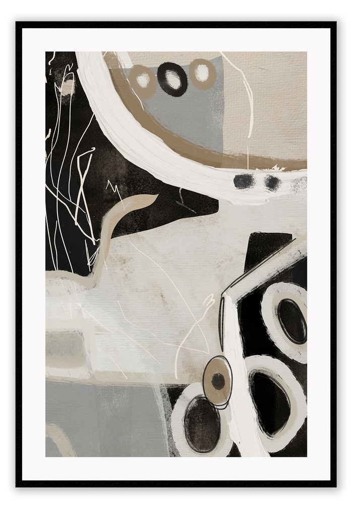 Abstract style print with random round shapes, blocks and lines in beige, black, grey and white tones on a grey background.