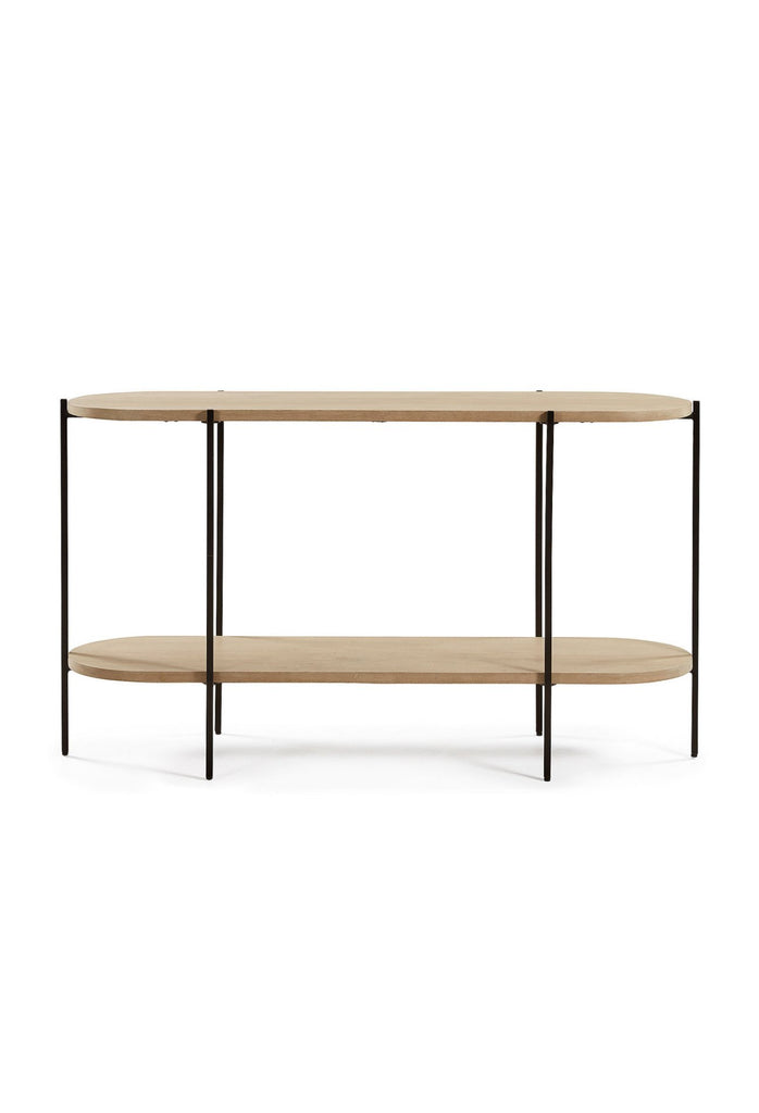 Oval shaped two tier console table with 6 thin metal legs and wooden top and shelf in light natural tone