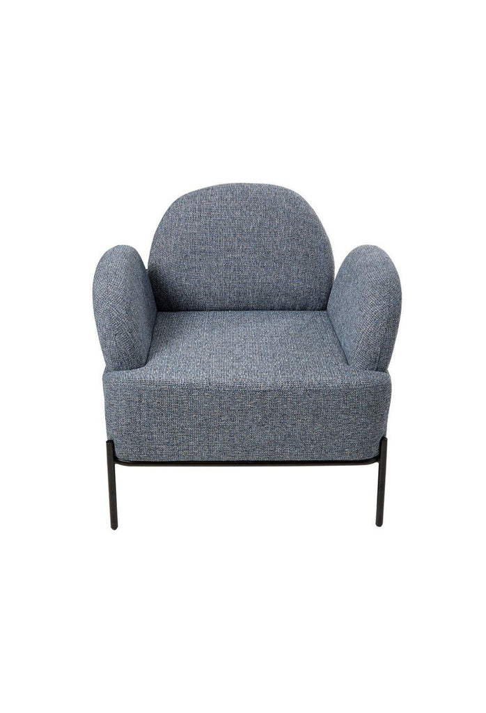 Blue grey tweed occasional armchair with semi-circle pebble shaped arm and back rests and black metal legs on a white background
