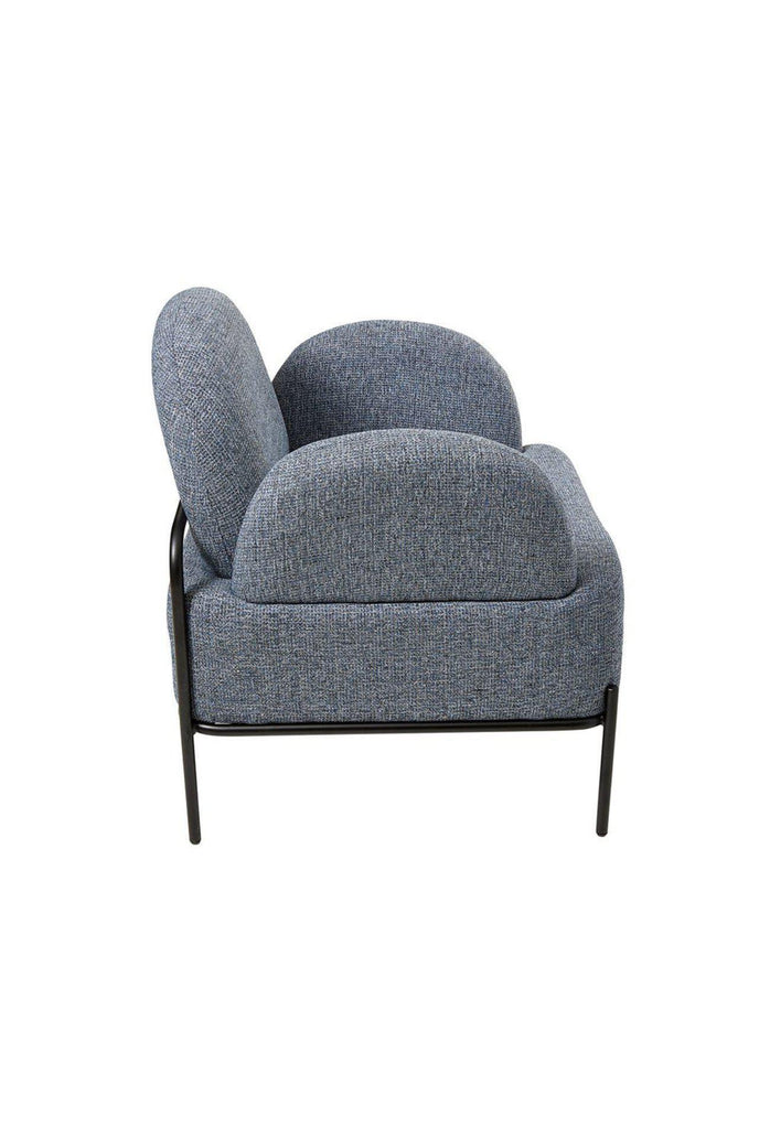 Blue grey tweed occasional armchair with semi-circle pebble shaped arm and back rests and black metal legs on a white background