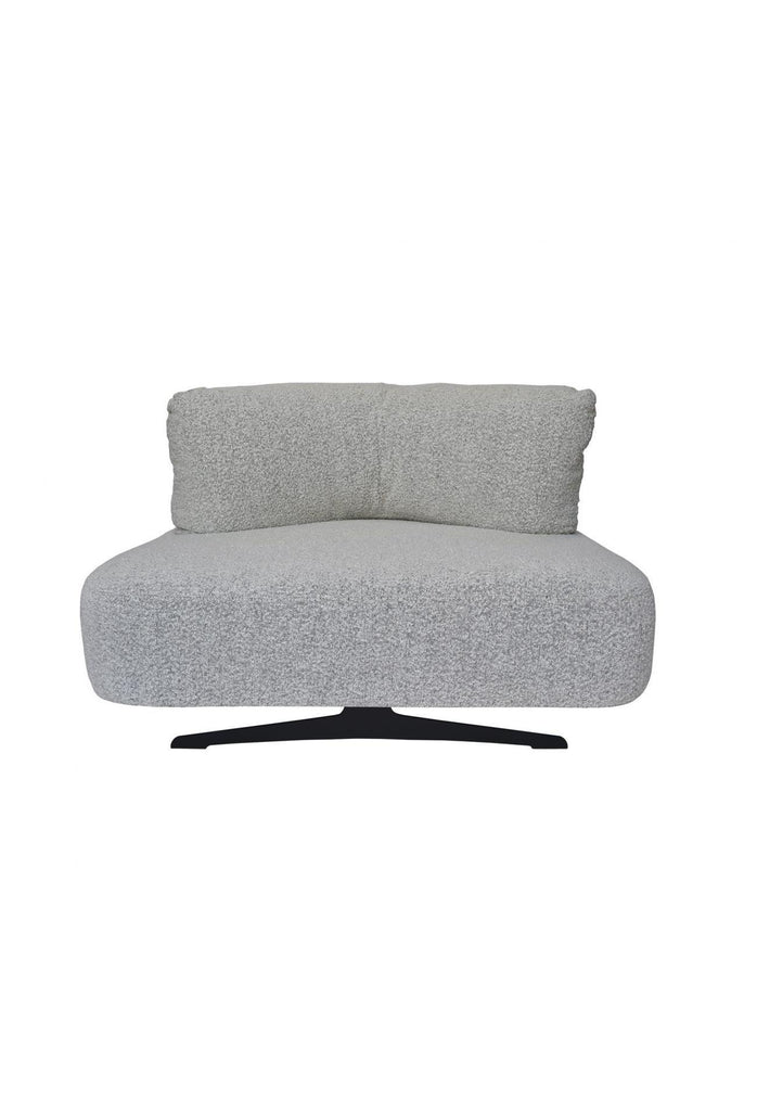 Modern corner lounger fully upholstered in grey boucle with matching corner cushion and black metal legs on white background