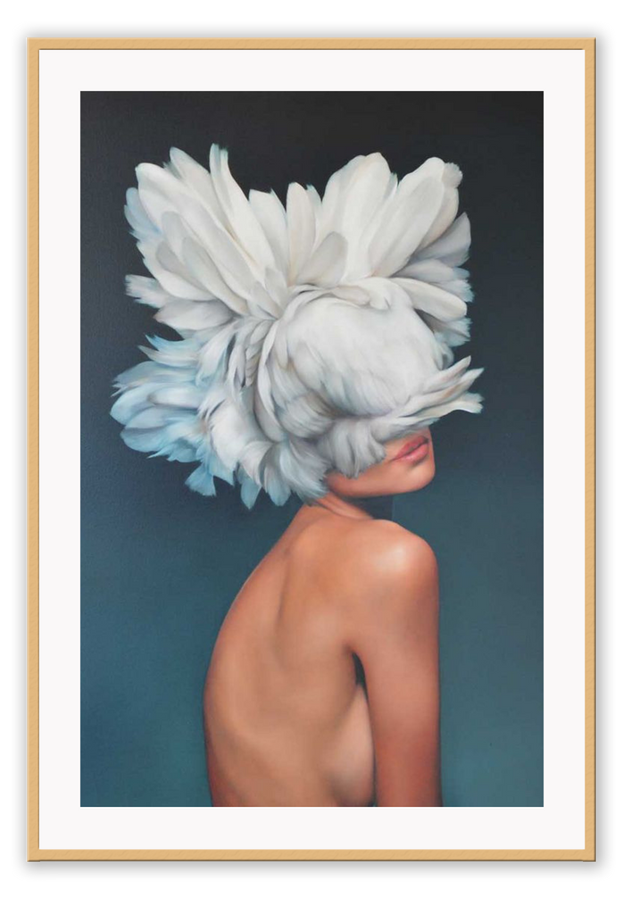 Modern print with nude woman on a blue background with feathers on her head