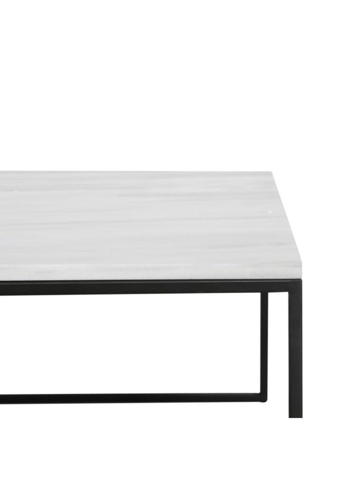 Rectangular White Marble Coffee Table with Sleek Black Metal Frame on a white background