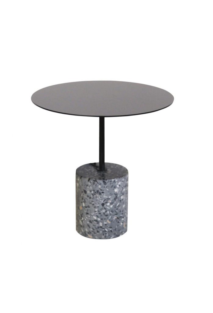 Petite Round Side Table with Grey Terrazzo Cylinder Base and Matte Black Metal Top on a White Background