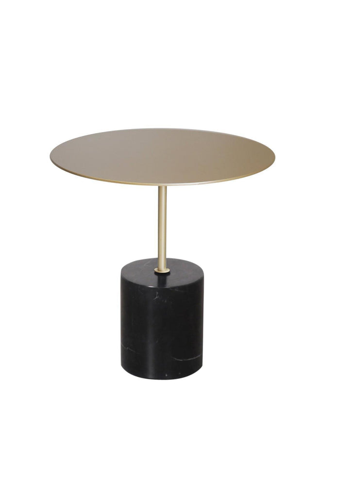 Petite Round Side Table with Black Marble Cylinder Base and Brushed Gold Metal Top on a White Background