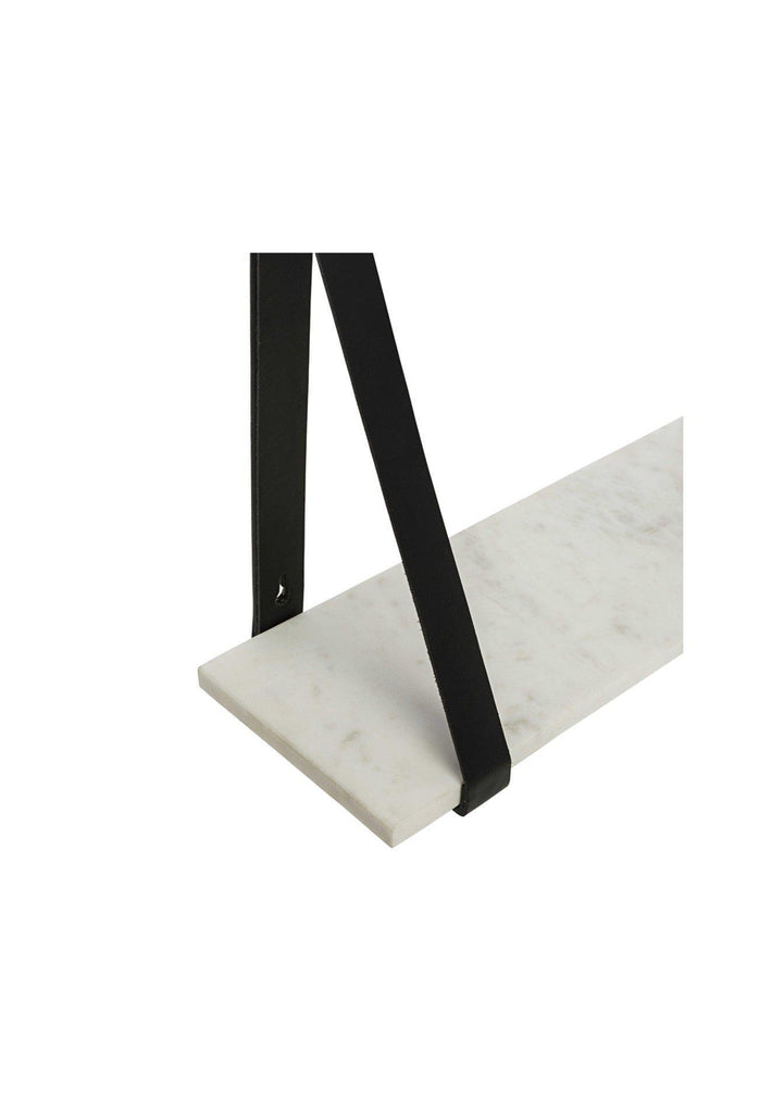 Small Rectangular White Marble Shelf with Tan Leather Covered Brackets on a White Background