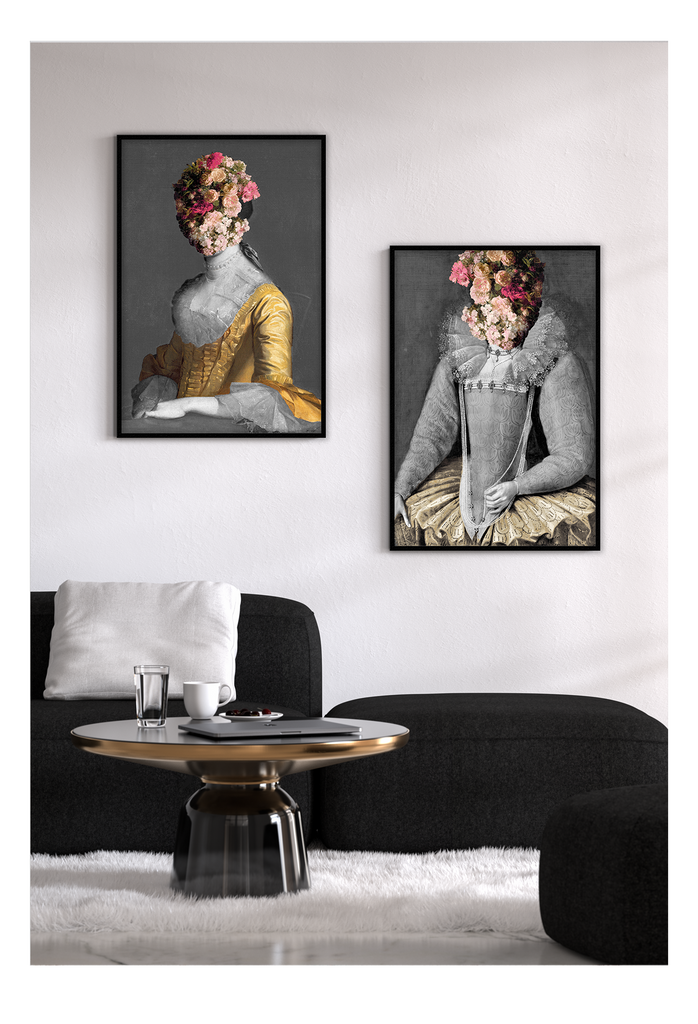 A vintage wall art with oil painting of a middle class lady and flowers on her head