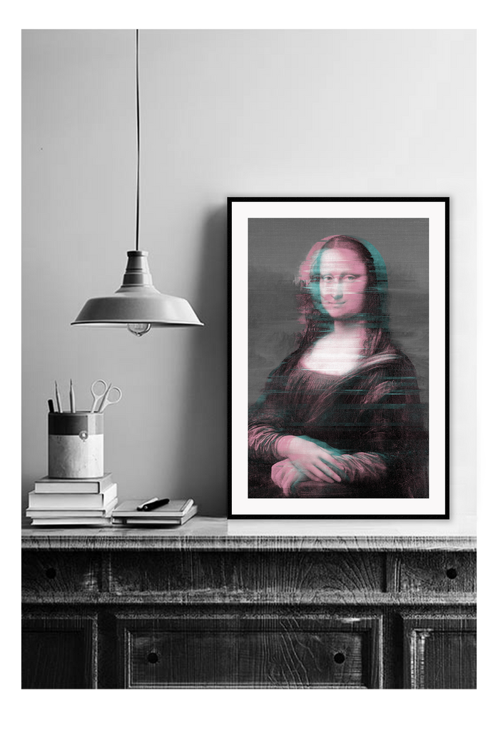 Painting glitch print with mona lisa pink and blue pixels black and white washed black background