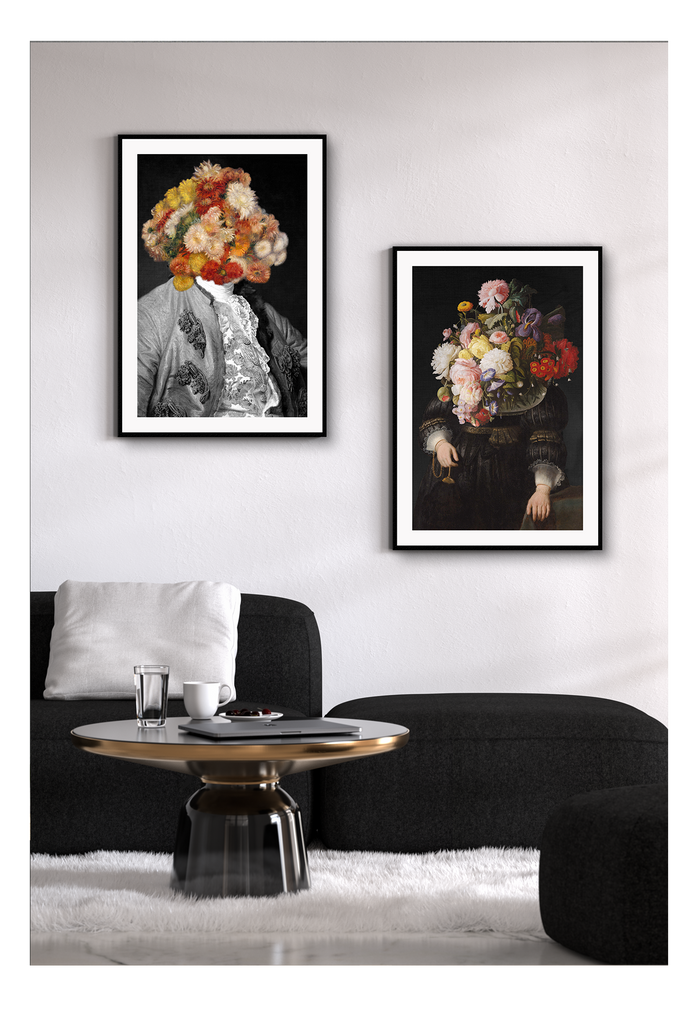 Floral photography painting royal renaissance colour red pink yellow white on black background engulfing man 