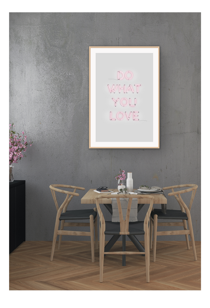 A neon pink typography wall art with Do what you love wrinting / lighting installation art