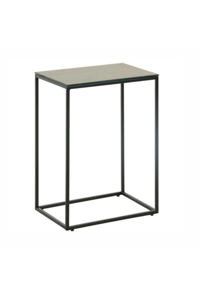Minimalistic Side Table with Sleek Black Steel Frame in Geometric Shape and Rectangular Ceramic Top on White Background