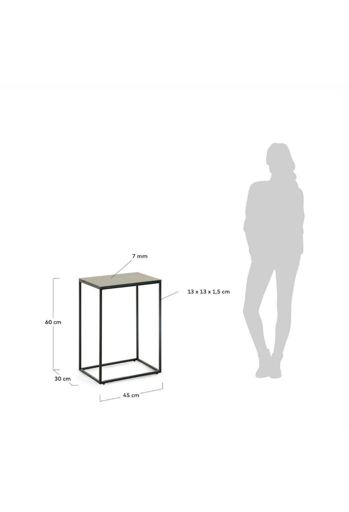 Minimalistic Side Table with Sleek Black Steel Frame in Geometric Shape and Rectangular Ceramic Top on White Background