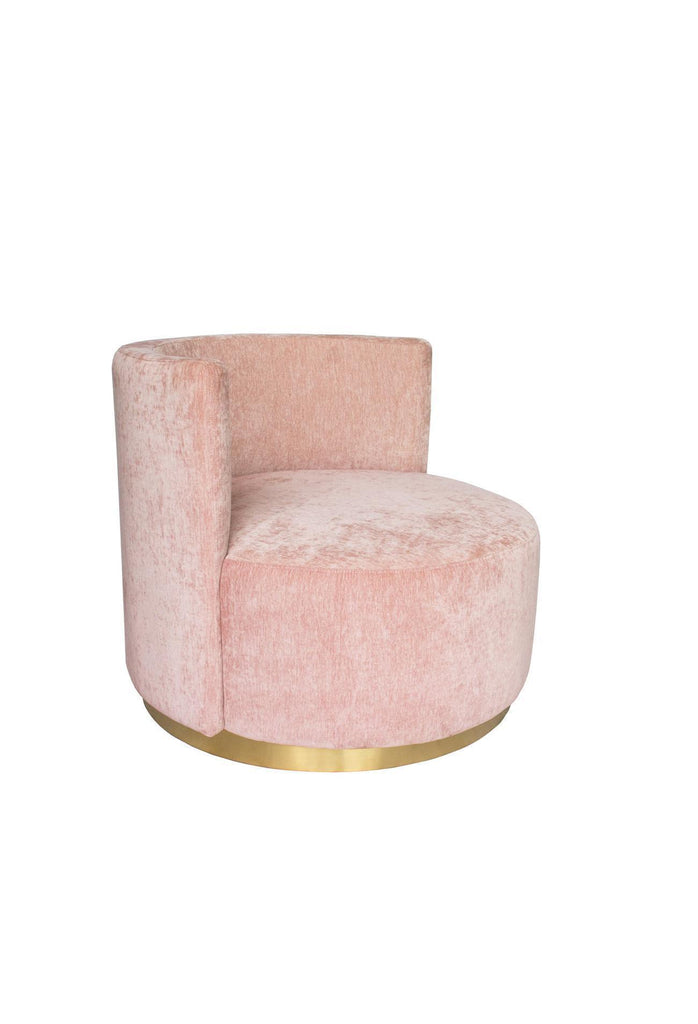 Rose pink velvet tub armchair love seat with round gold base and matching cushion on a white background
