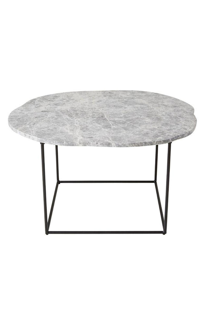 Side Table with grey and white marble top in organic round shape and a black metal frame on a white background