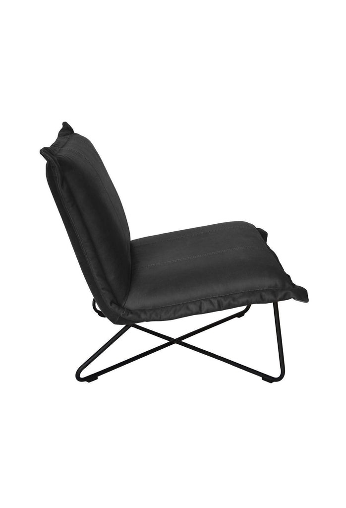 Minimalistic armless occasional chair with back and seat cushion fully upholstered in black leather and a simple black metal frame