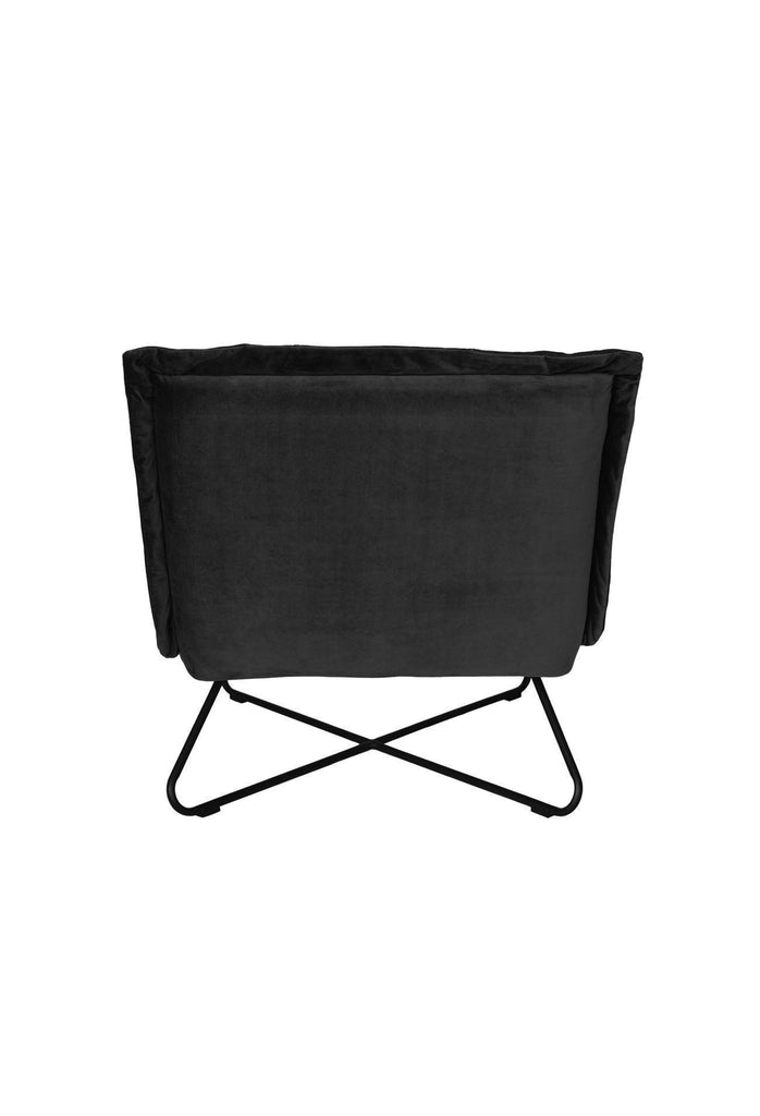 Minimalistic armless occasional chair with back and seat cushion fully upholstered in black leather and a simple black metal frame