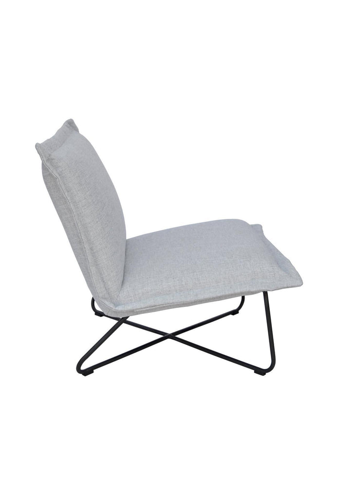 Minimalistic armless occasional chair with back and seat cushion fully upholstered in grey linen and a simple black metal frame