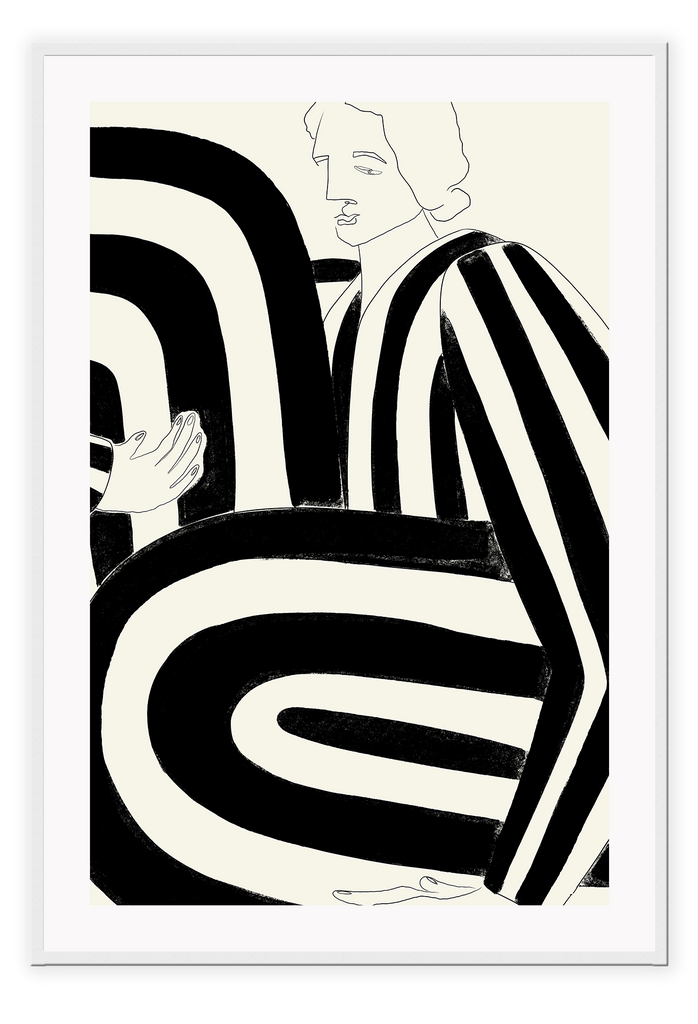 Textured art print with the surrealistic outline of a person in a black and white striped outfit on an off white background