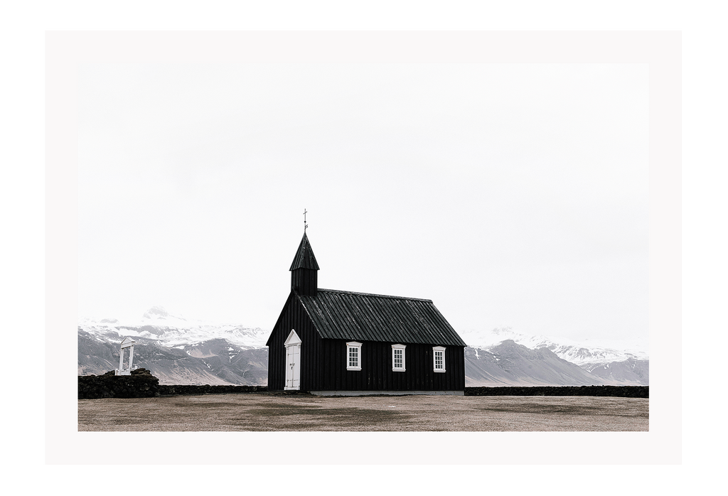 Landscape black and white church print architechture and background of natural fields 