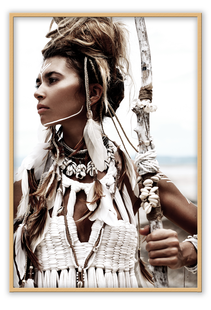 Tribal photography print with neutral colours boho scandi strong woman feather sticks ocean beach