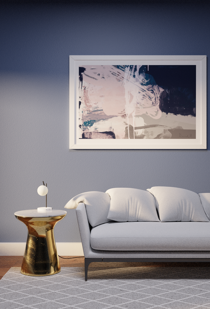 Abstract style modern print featuring pink, navy, grey and white tones in a random painting smudge configuration.