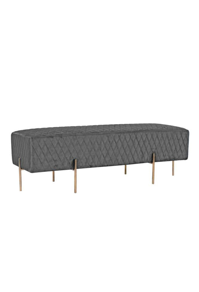 Minimalistic Bench Ottoman Upholstered in Dark Grey Velvet with Six Thin Gold Finish Steel Legs on a White Background