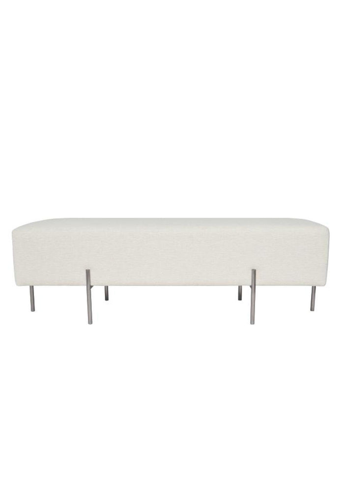 Minimalistic Bench Ottoman Upholstered in a Textured Pearl White Fabric with Six Thin Silver Steel Legs on a White Background