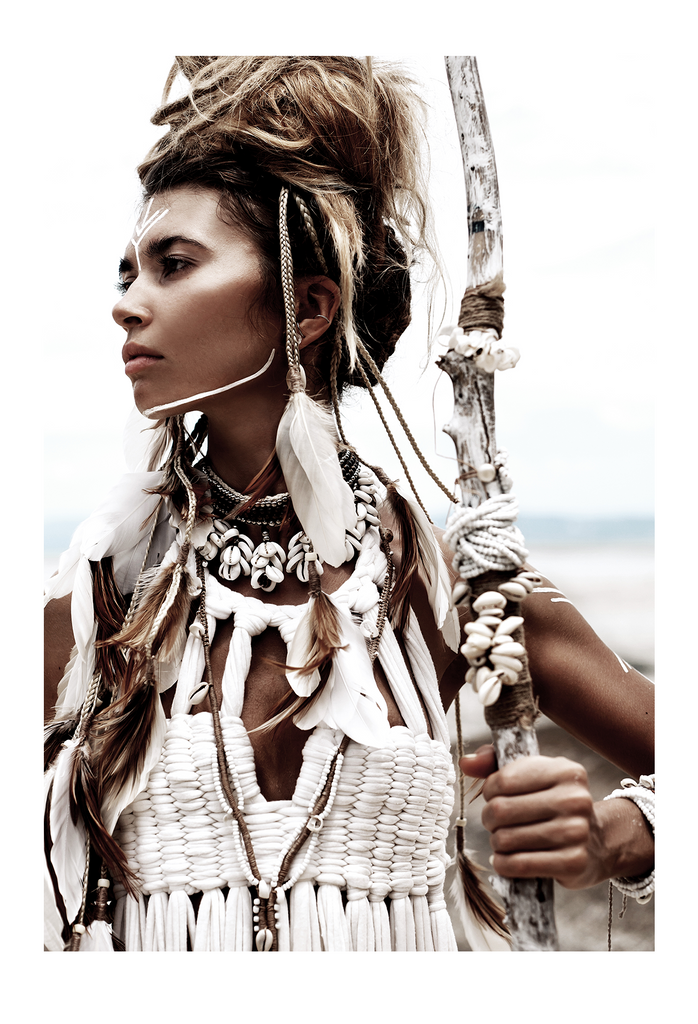 Tribal photography print with neutral colours boho scandi strong woman feather sticks ocean beach
