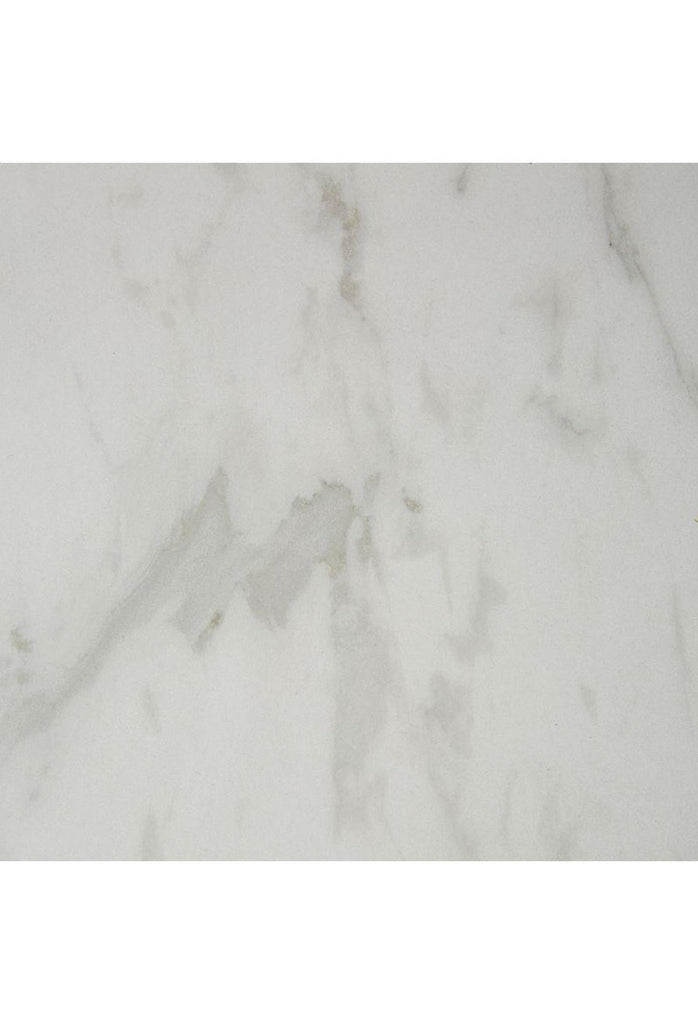 Black wooden bedside table in clean geometric shape with one deep drawer and middle compartment and a white ceramic marble top