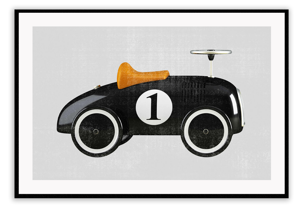 Vintage modern art print landscape with a number 1 toy car cartoon in rust black and white colours on a grey background.