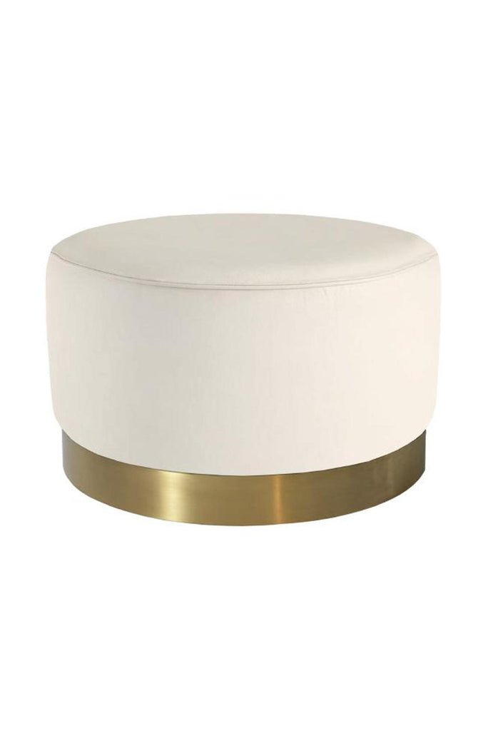 Large round ottoman fully upholstered in white velvet with a brushed gold base on a white background