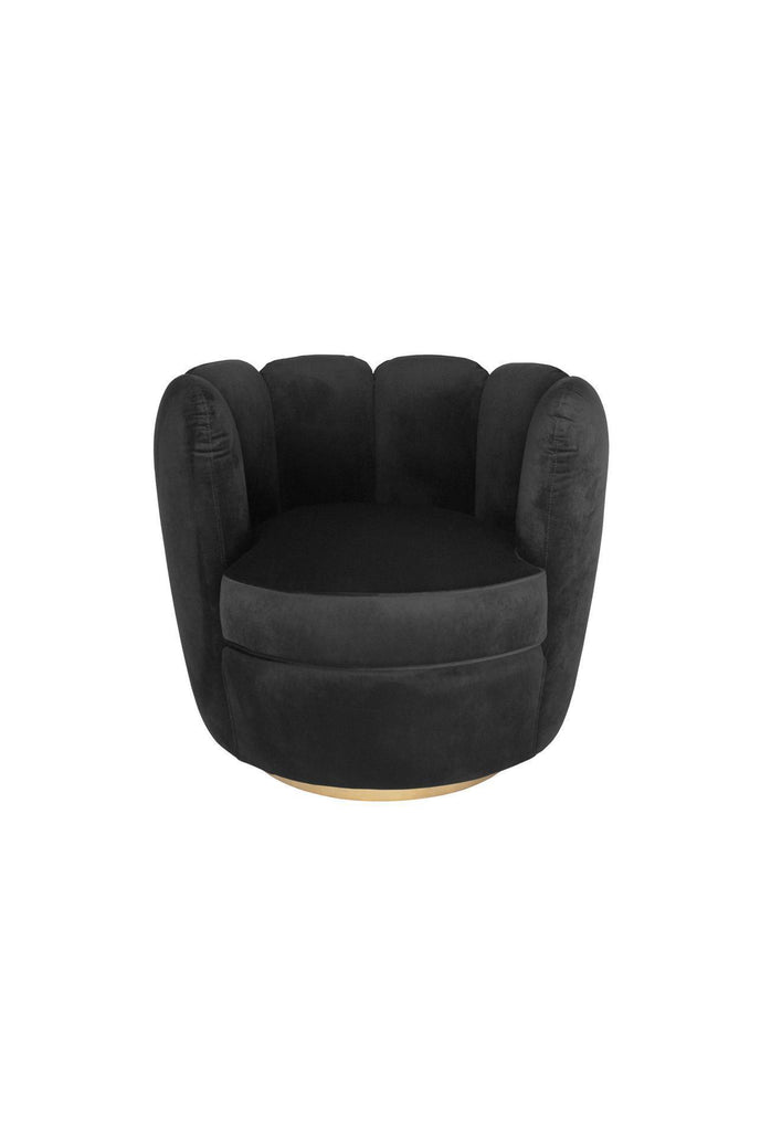 Black velvet armchair with tulip shaped curved back rest and a brushed gold round base on white background