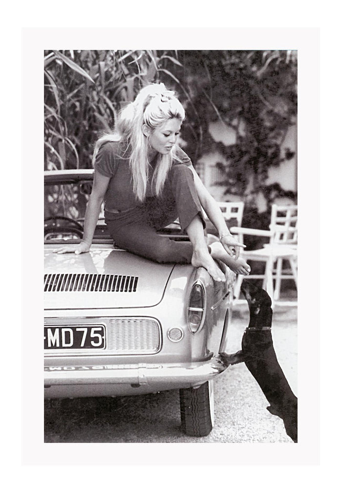 A black and white photo print of a fashion model woman lady on vintage car patting dog dachshund blonde and sexy 