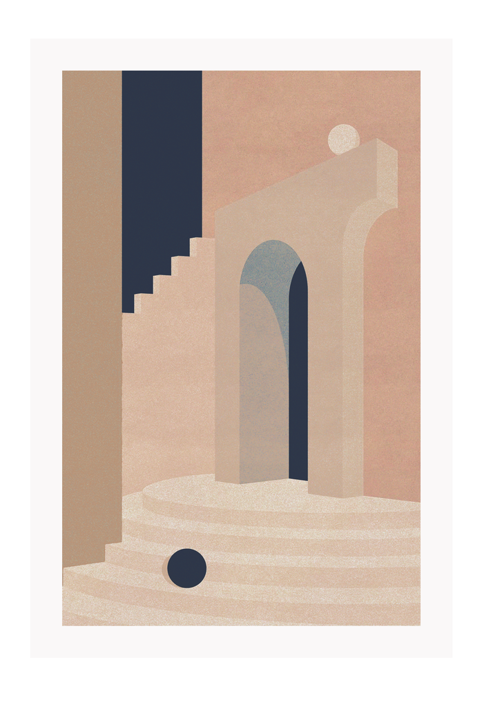 Geometric interior of stairs and archways in teracotta and pink tones with navy modern style