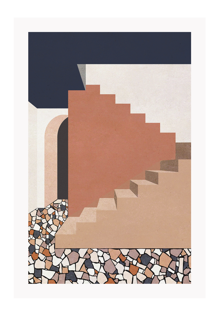 Geometric stairs in tan and teracotta tones with stone floors with navy cream colours. 