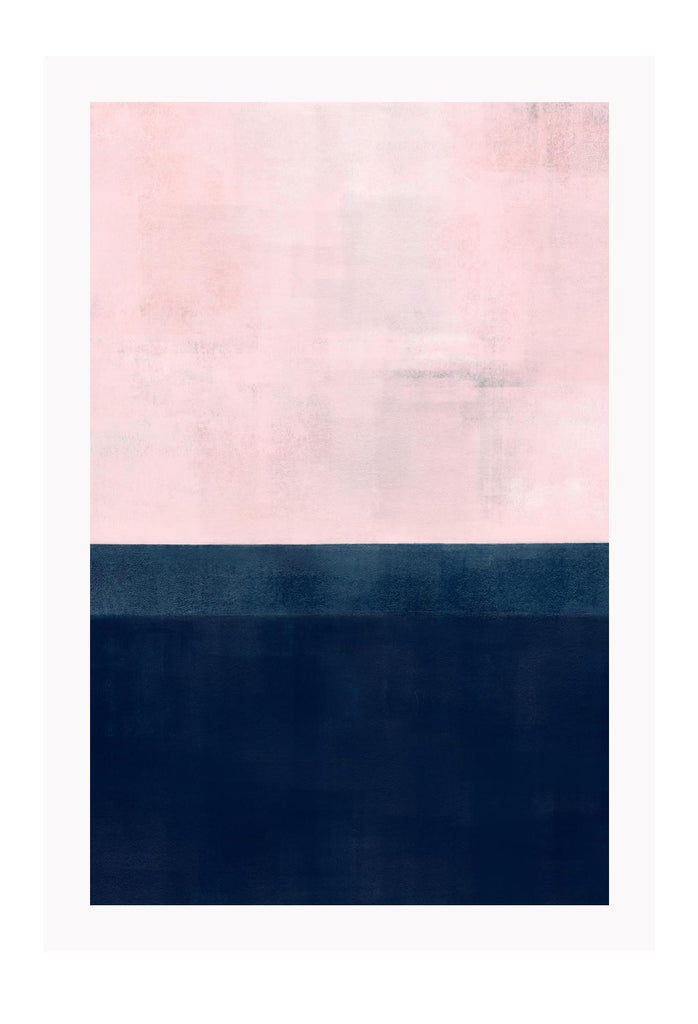 Colour block print with navy dark blue and light pink texture brushstrokes and minimal style 