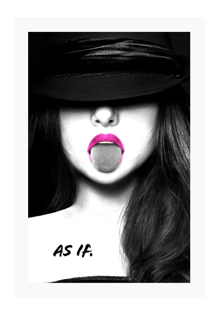 Fashion photography print with woman wearing hat covering glasses with pink lipstick typography text as if 
