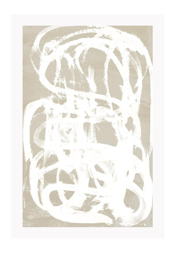 An abstract wall art with white curvey shapes on nude background. 