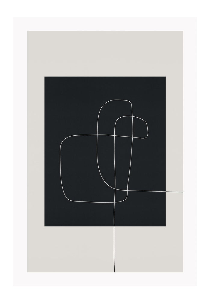 Abstract minimal print with black rectangle in middle with small white line on beige background with neutral tones 