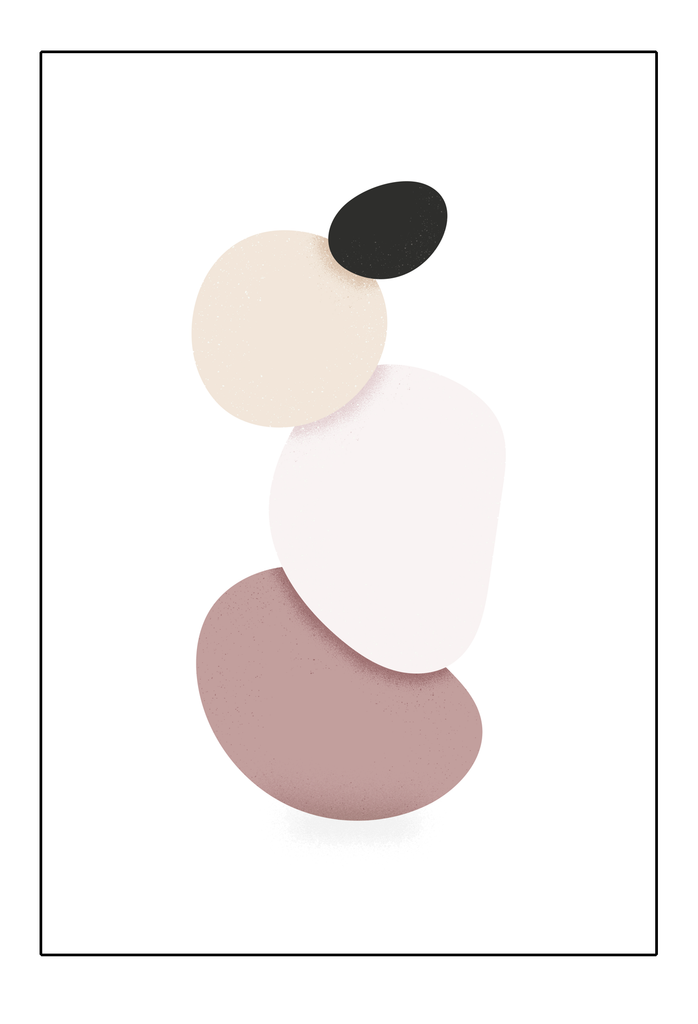 Minimal abstract print with stacked blush and black circles on a white background 
