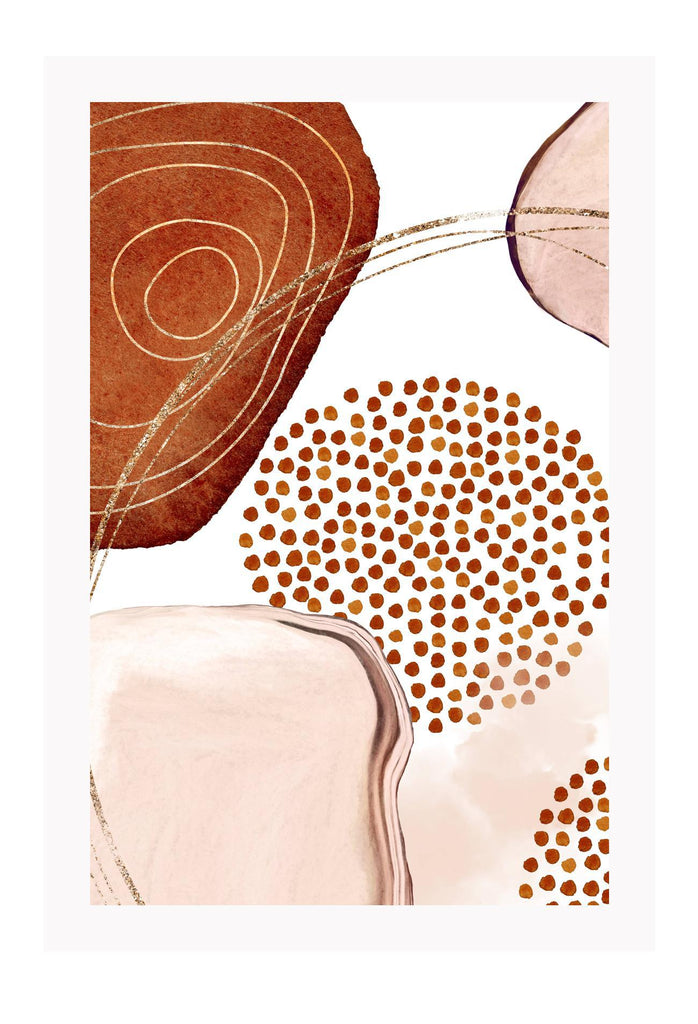Abstract art print featuring peach and rust watercolour shapes connected with gold flecked lines on a white background.