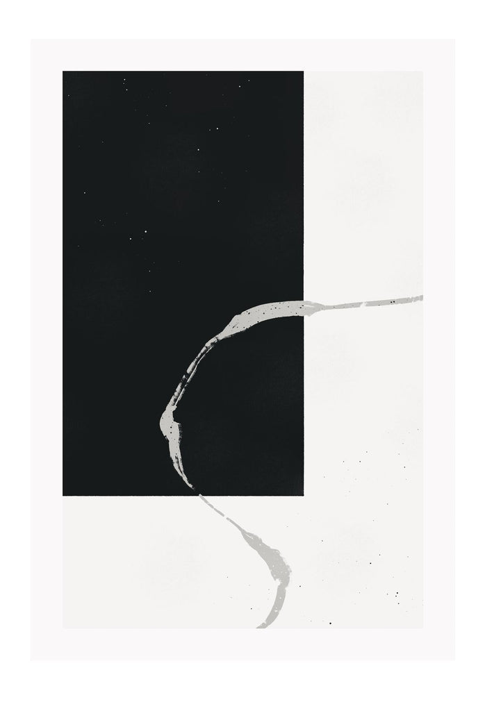 Abstract minimal style art print featuring a black rectange and grey paint stroke overlapping on a white background.