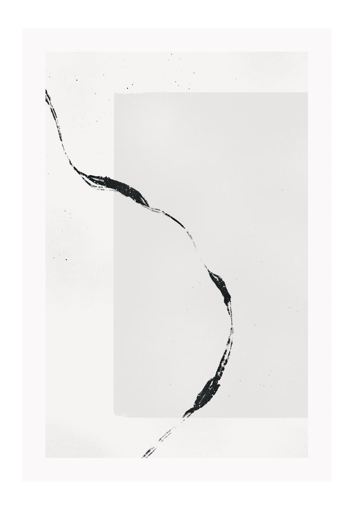 Abstract minimal style art print featuring a grey rectange and black paint stroke overlapping on a white background.