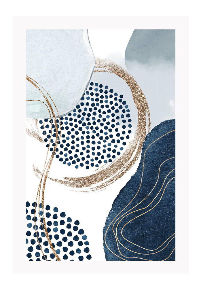 Abstract art print featuring blue and navy watercolour shapes overlapping connected with gold lines on a white background.