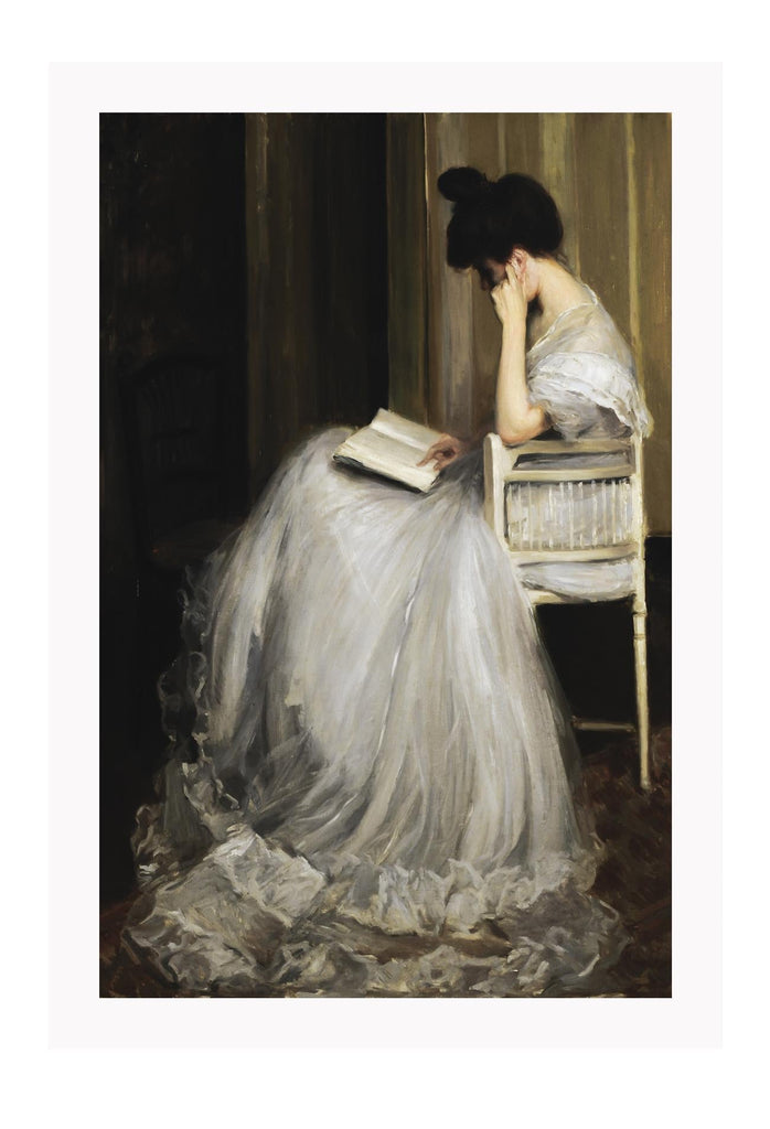 Vintage style painting print with a woman in a white dress reading a book in a chair in a dark room.