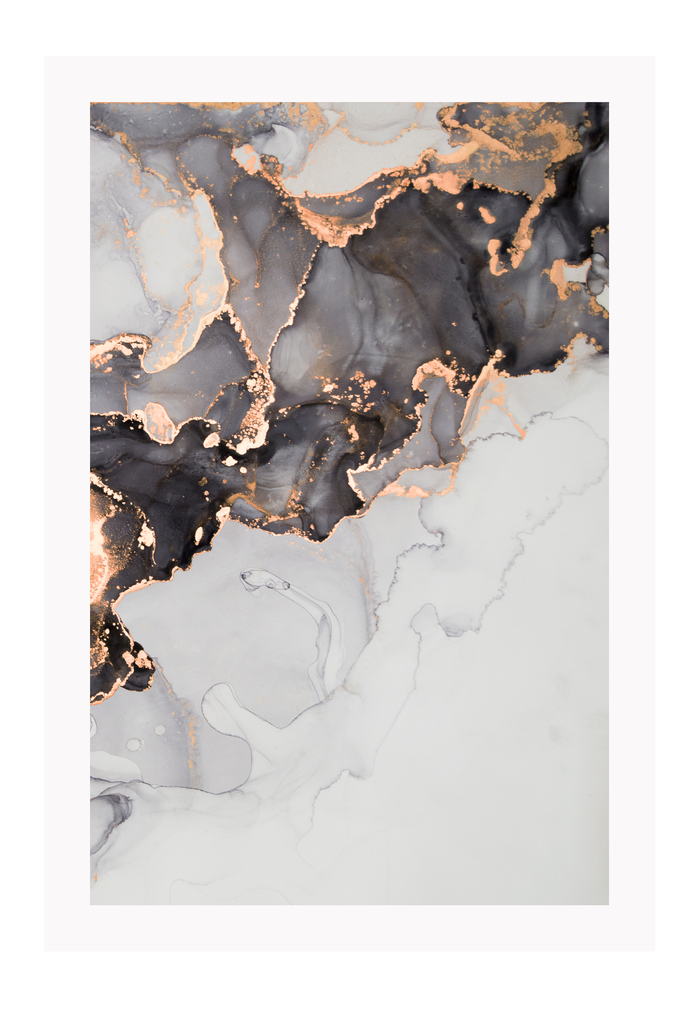 Modern art print featuring a marble-like texture in grey, black and white tones with a gold vein running through.