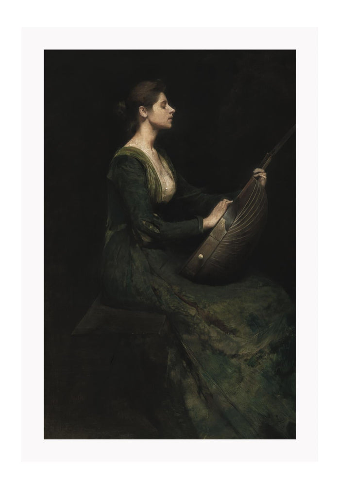 Vintage style print of a woman in a green dress playing a string instrument in front of a black background.
